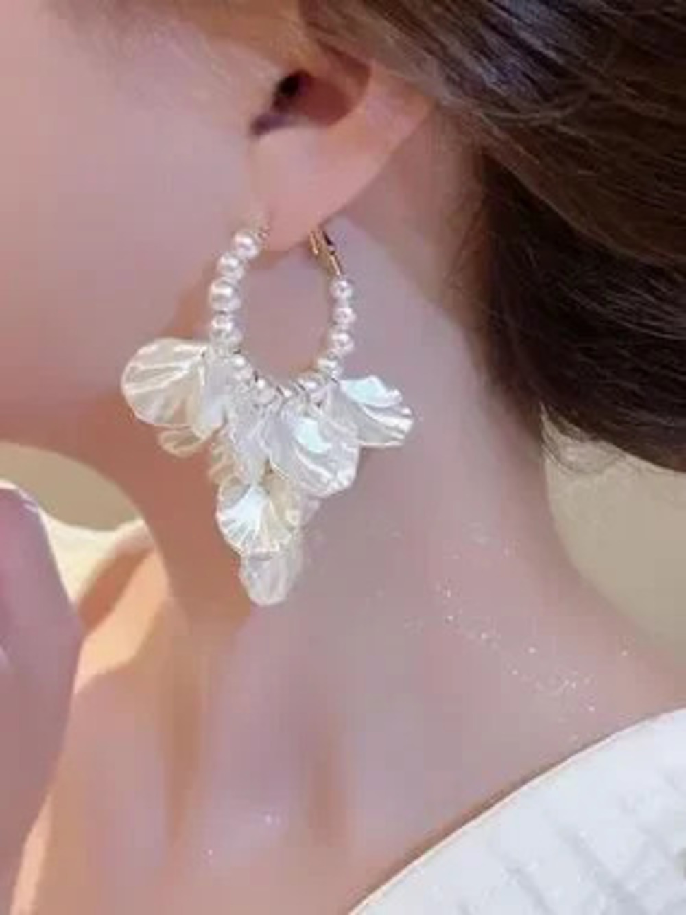 Anthropologie Pearl Hoop Earrings with Ivory Petal Charms